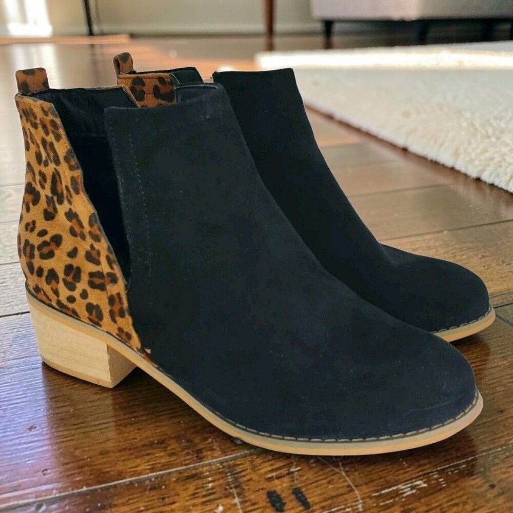 Boutique by Corkys Shield Split Animal Print Boots Womens 7 Black Tan Boho-Chic